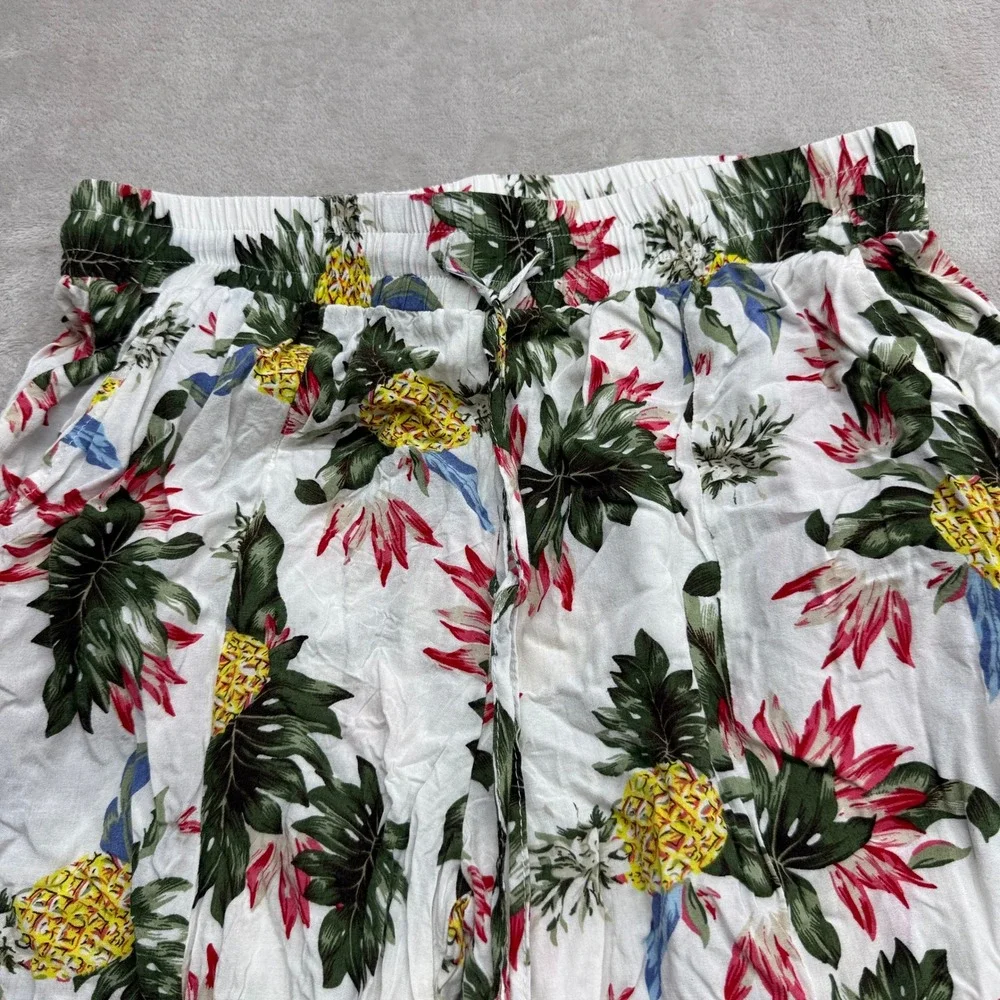 Solitaire Swim Cover Up Pants Women Medium White Tropical Pineapple Pom Pom Slit